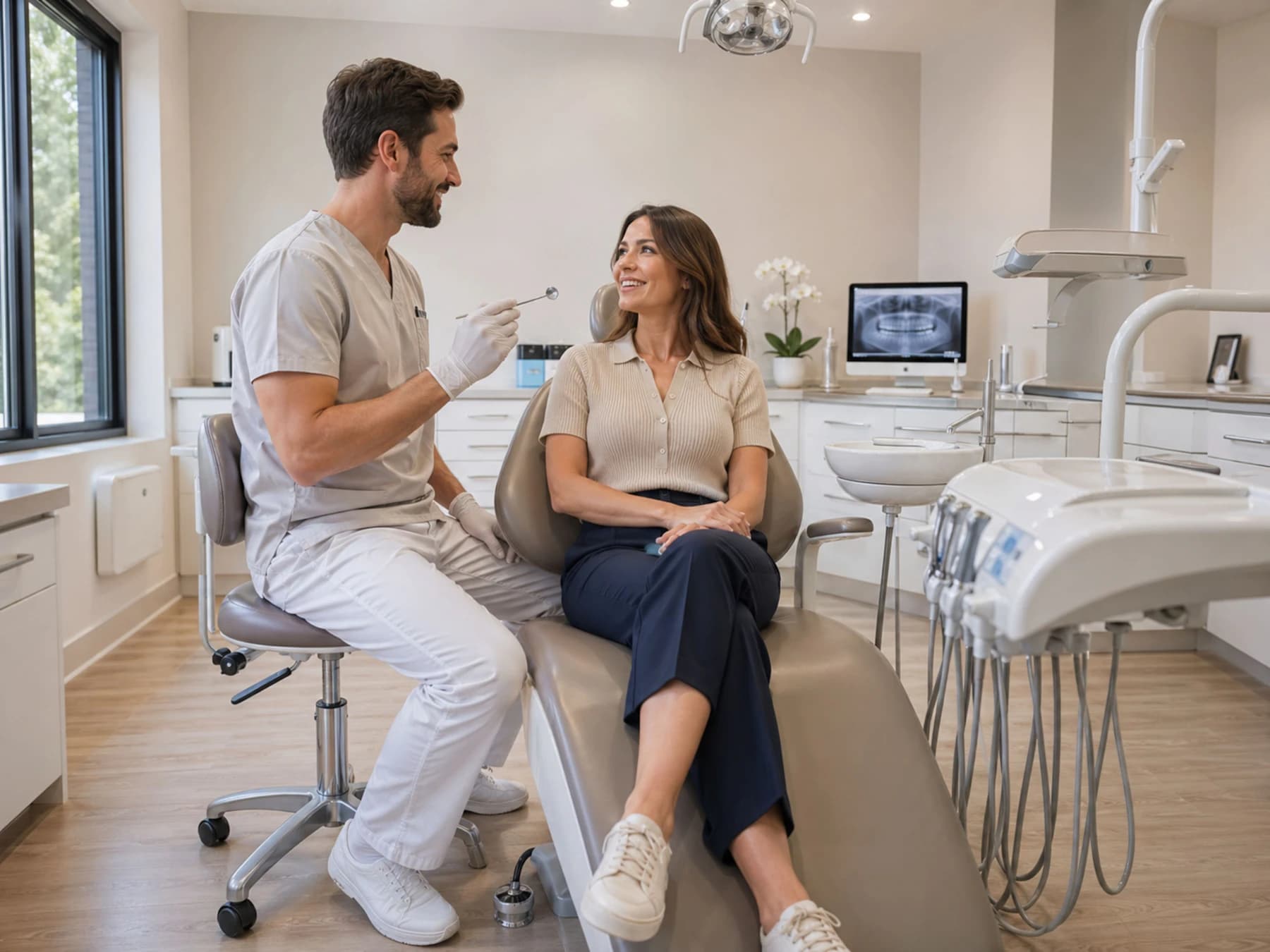 A dentist talking with a patient in a bright modern office