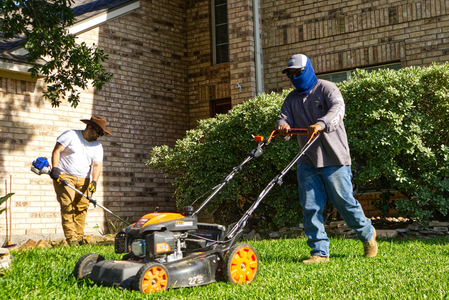 A landscaping crew mowing and trimming a residential lawn
