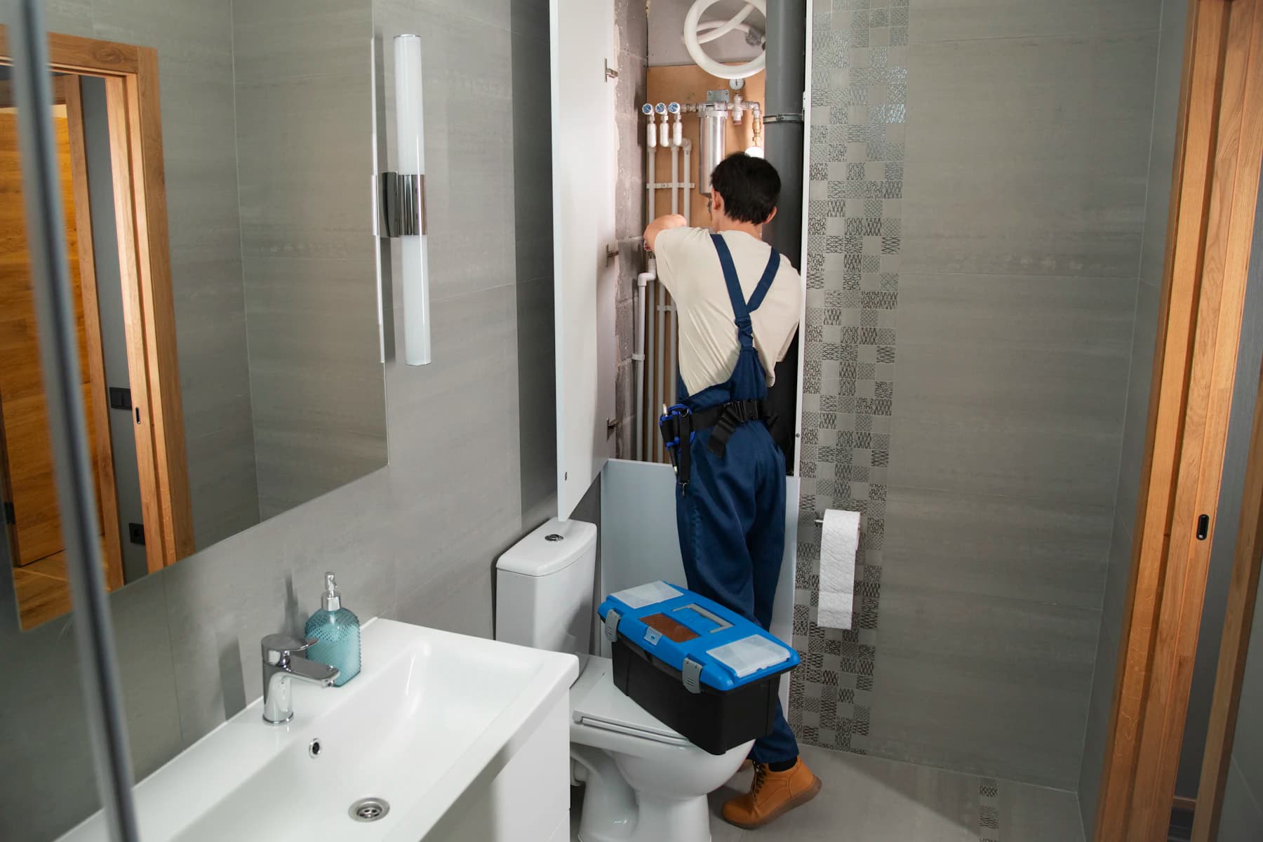 A plumber working on pipes behind an open bathroom wall panel